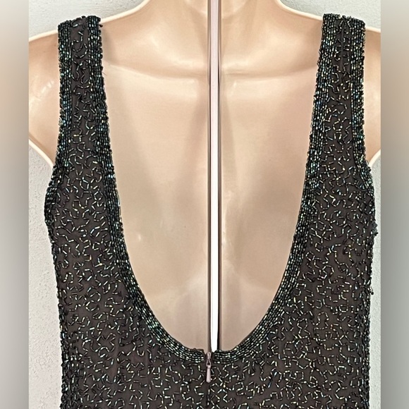 Vintage 80’s Silk Allover BEADED DRESS Shimmer Low Back Sleeveless Black Green 4 - Picture 6 of 14